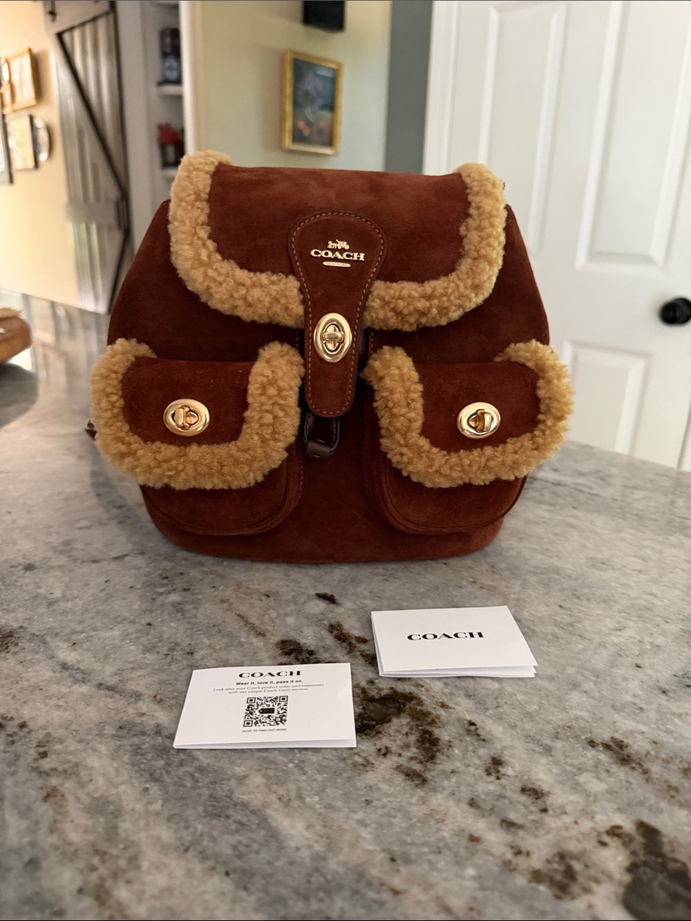 Coach Chestnut Suede Mini Hadley Backpack with Shearling Trim & Gold Hardware